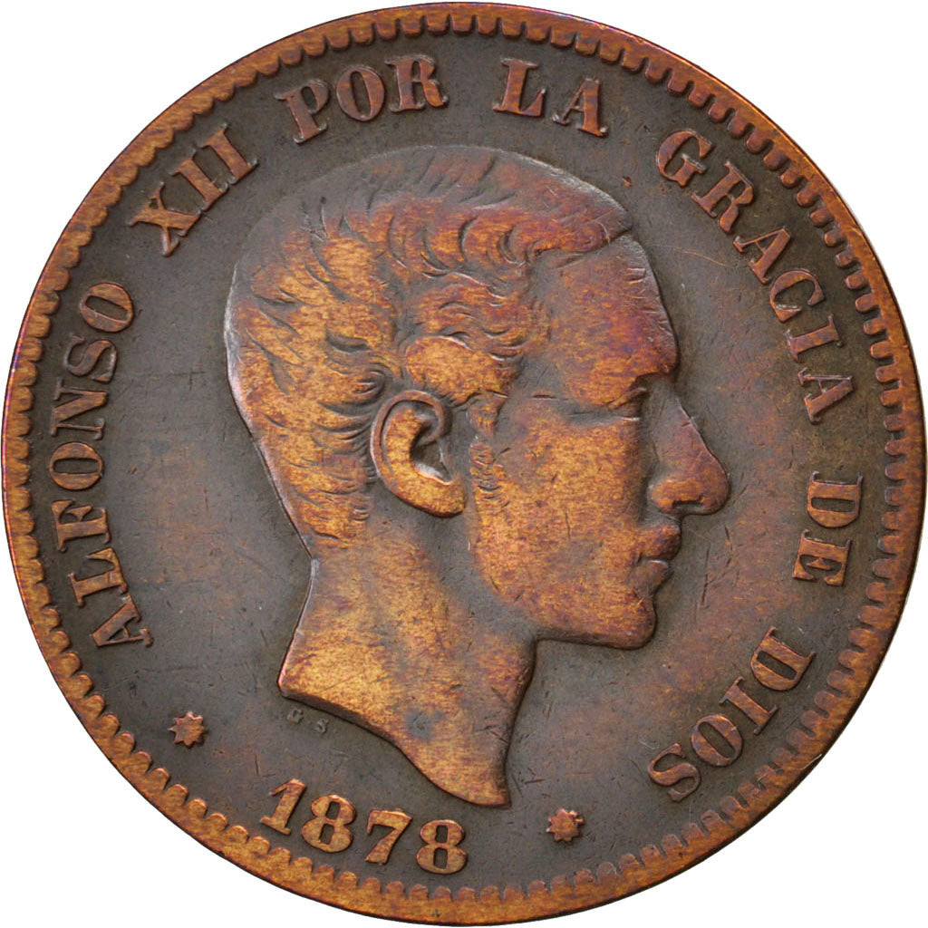 SPAIN, 10 Centimos, 1878, KM #675, VF(30-35), Bronze, 10.10
