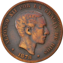 SPAIN, 10 Centimos, 1878, KM #675, VF(30-35), Bronze, 10.10