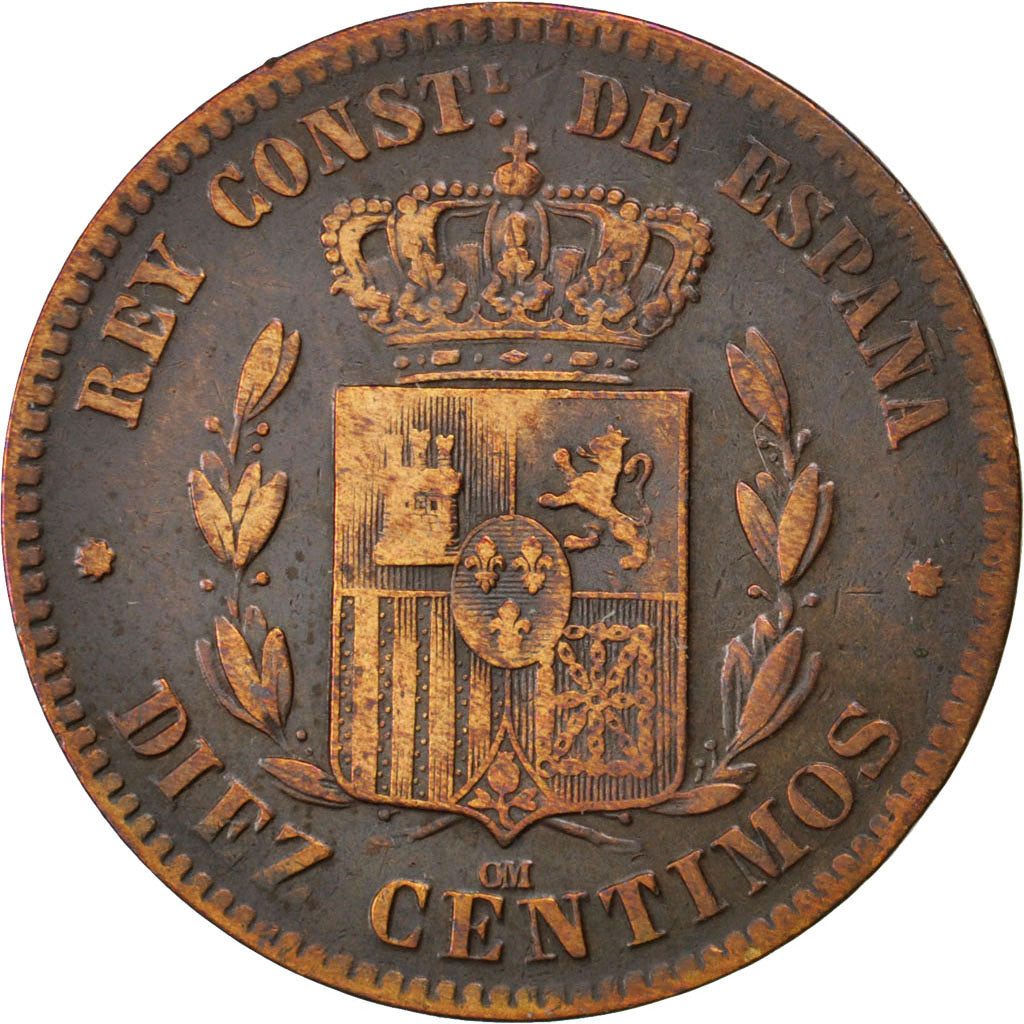 SPAIN, 10 Centimos, 1878, KM #675, VF(30-35), Bronze, 10.10