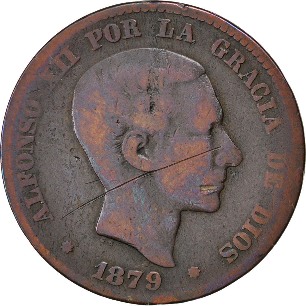 Coin, Spain, Alfonso XII, 10 Centimos, 1879, VG(8-10), Bronze, KM:675