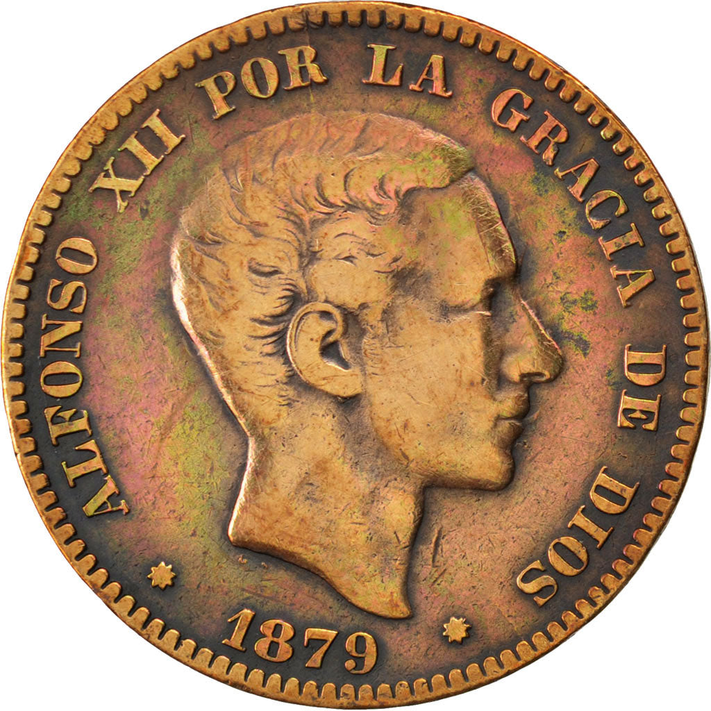 SPAIN, 10 Centimos, 1879, KM #675, VF(20-25), Bronze, 9.74