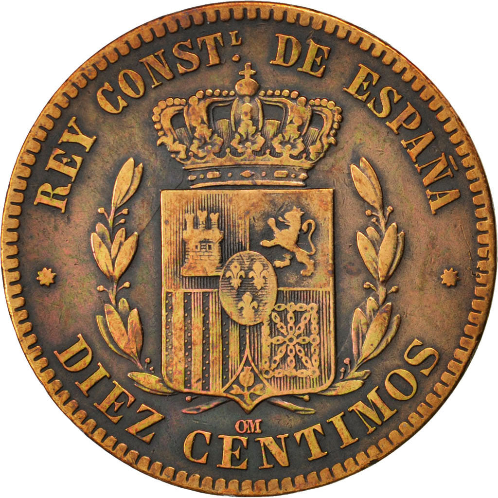 SPAIN, 10 Centimos, 1879, KM #675, VF(20-25), Bronze, 9.74