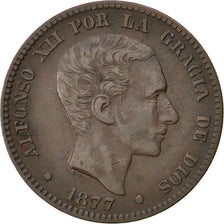 SPAIN, 10 Centimos, 1877, KM #675, AU(50-53), Bronze, 0.00