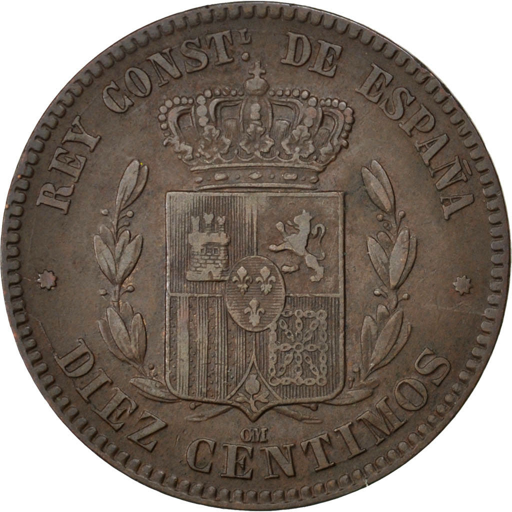 SPAIN, 10 Centimos, 1877, KM #675, AU(50-53), Bronze, 0.00