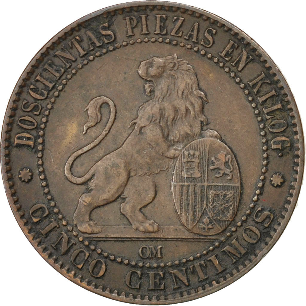 SPAIN, 5 Centimos, 1870, KM #662, AU(50-53), Copper, 5.46