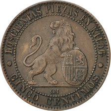 SPAIN, 5 Centimos, 1870, KM #662, AU(50-53), Copper, 5.46