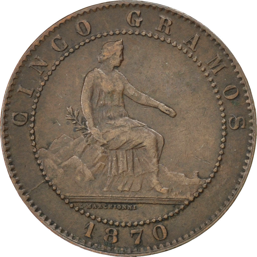 SPAIN, 5 Centimos, 1870, KM #662, AU(50-53), Copper, 5.46