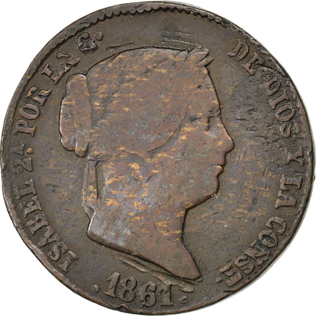 Moneda, España, Isabel II, 25 Centimos, 1861, Segovia, BC, Cobre, KM:615.2