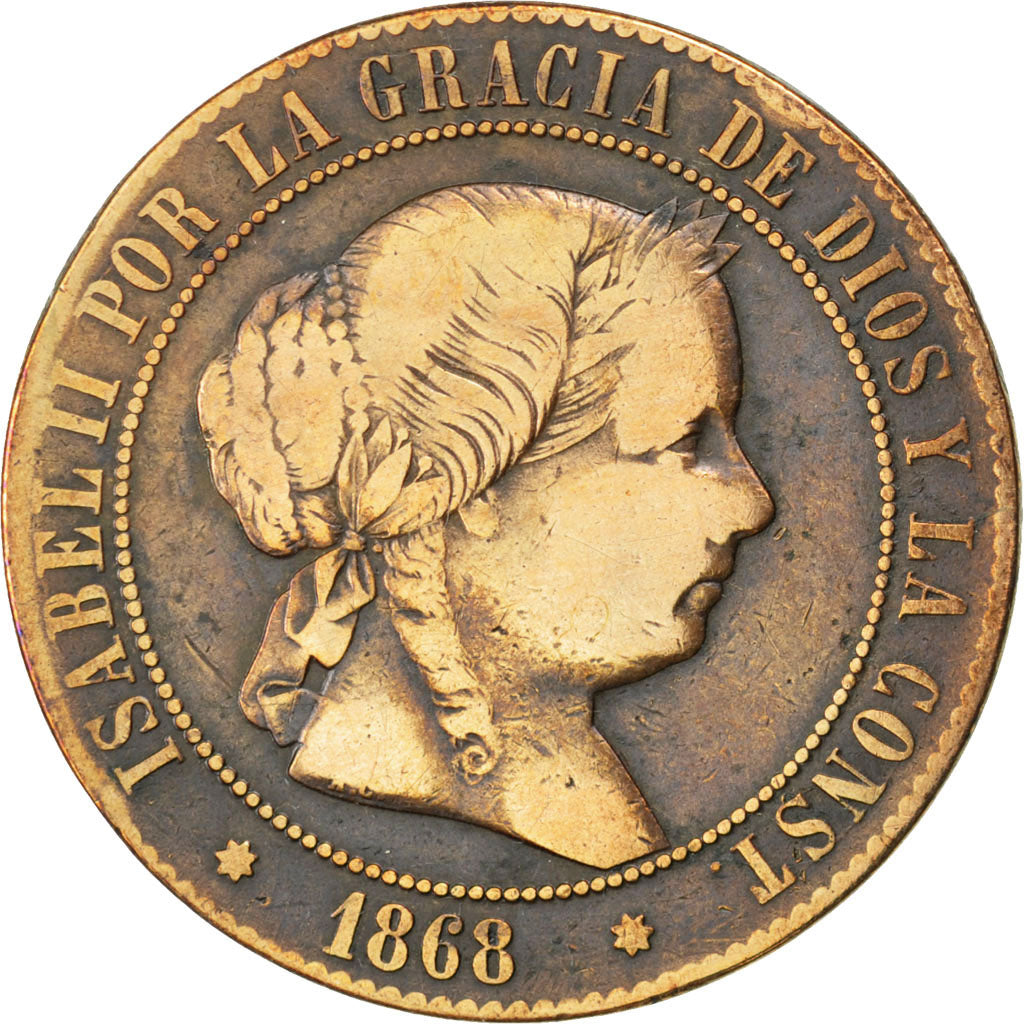 Spagna, Isabel II, 5 Centimos, 1868, MB, Rame, KM:635.5