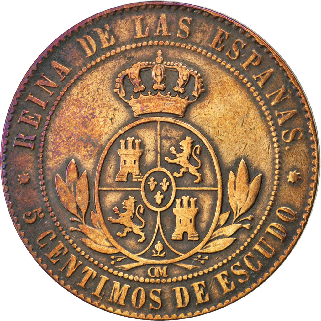 SPAIN, 5 Centimos, 1868, KM #635.1, VF(30-35), Copper, 12.74