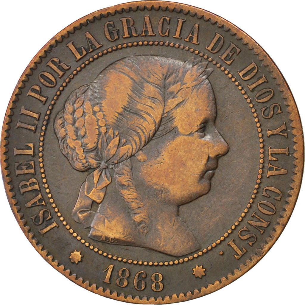 Coin, Spain, Isabel II, 5 Centimos, 1868, EF(40-45), Copper, KM:635.1