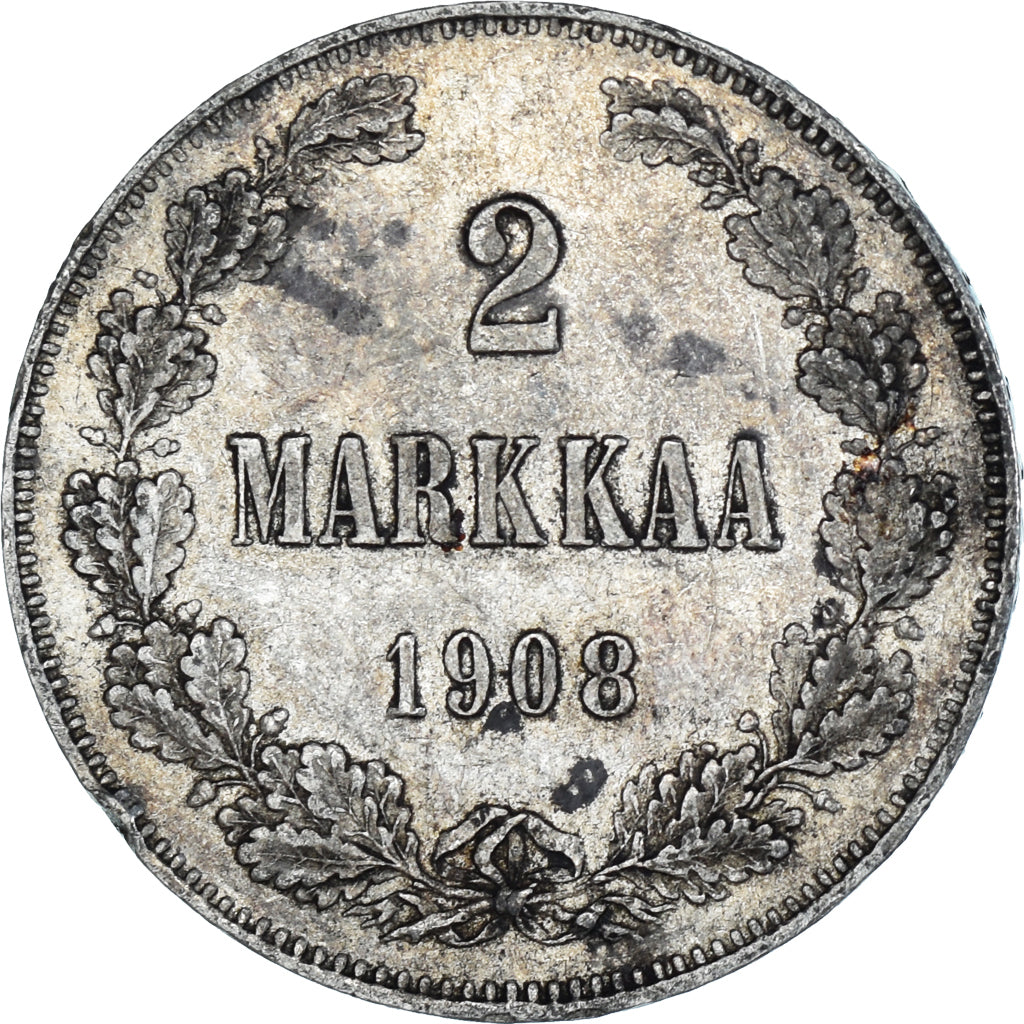 Coin, Finland, Nicholas II, 2 Markkaa, 1908, Helsinki, L, AU(50-53), Silver