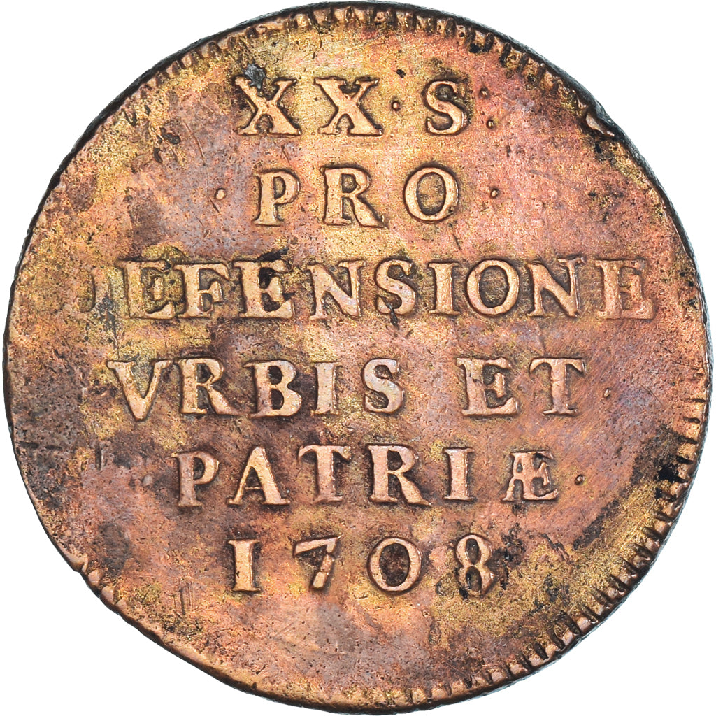 Moneta, Francja, 20 Sols, 1708, Lille, siège de la ville, AU(50-53), Miedź