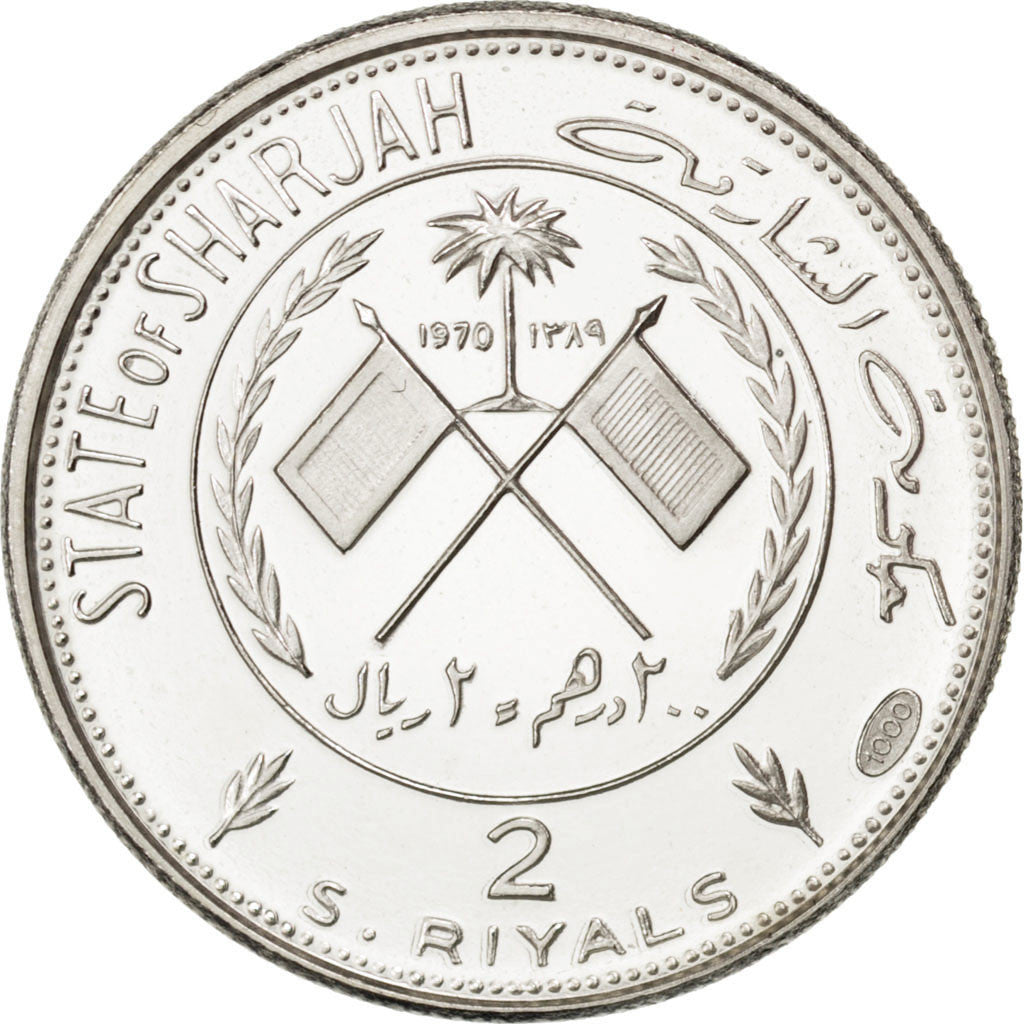 SHARJAH, 2 Riyals, 1970, KM #3, MS(65-70), Silver, 6.03