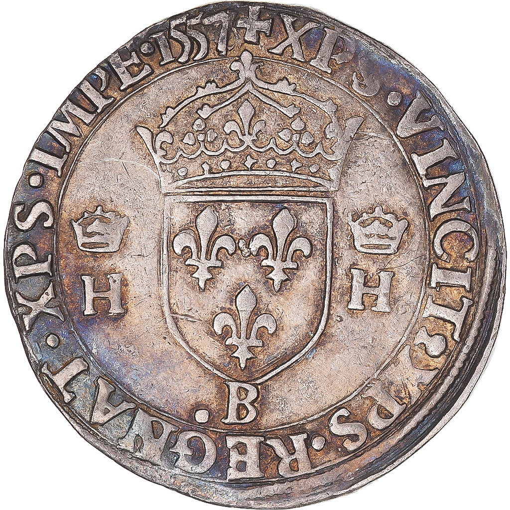 Coin, France, Henri II, Teston à la tête nue, 1557, Rouen, VF(30-35), Silver