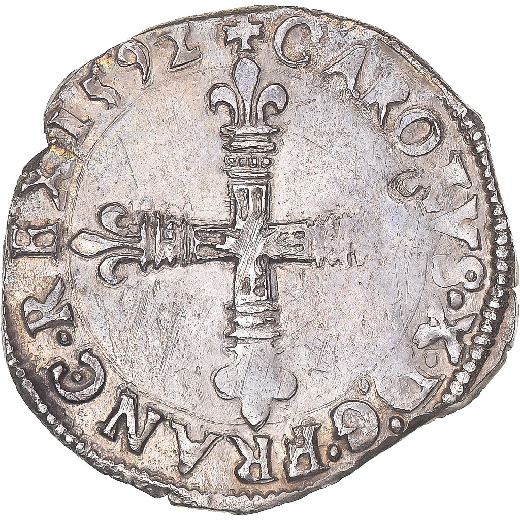 Moeda, França, Charles X, 1/8 Ecu, 1592, Nantes, VF(30-35), Prata, Gadoury:519
