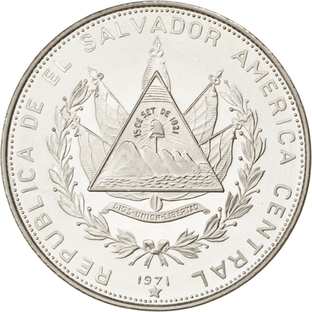 EL SALVADOR, 5 Colones, 1971, KM #142, MS(65-70), Silver, 11.47
