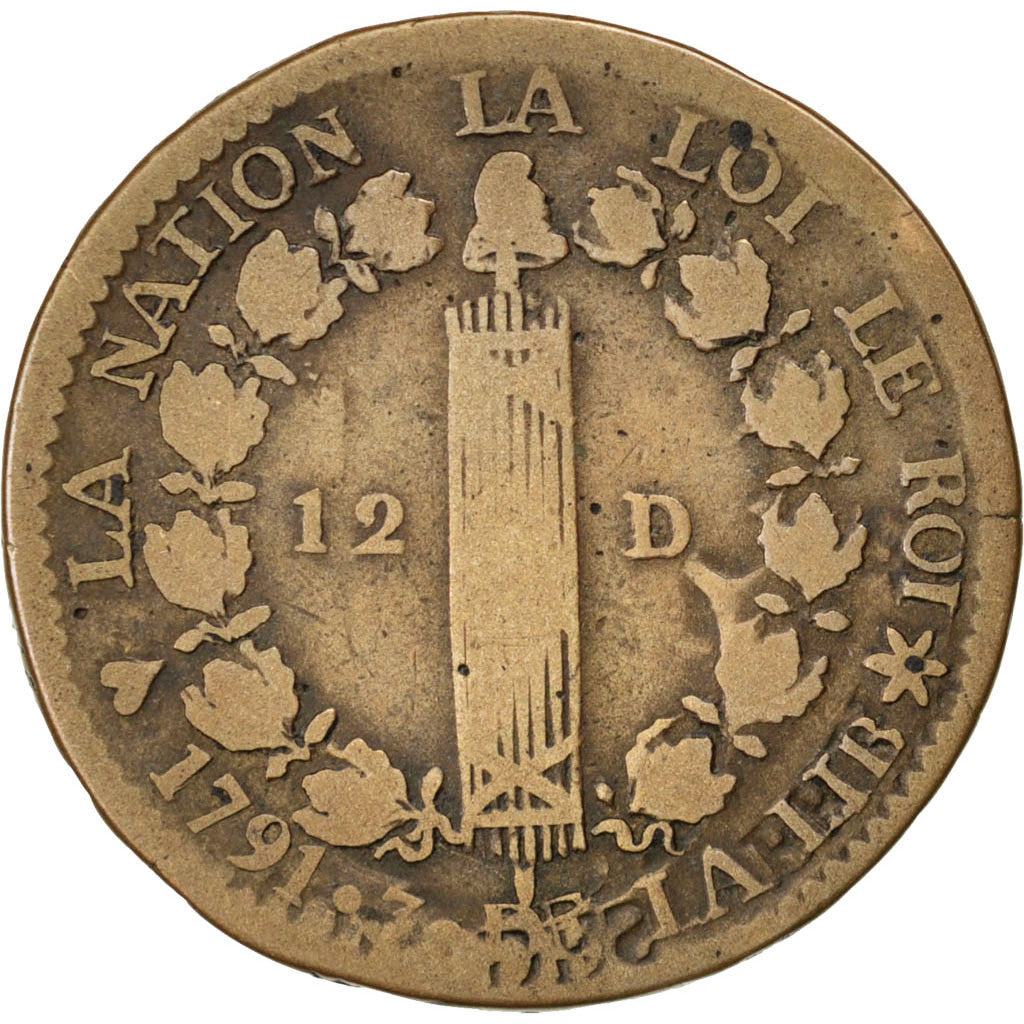 Constitution, 12 Deniers François, 1791 BB, Strasbourg, Gadoury 15