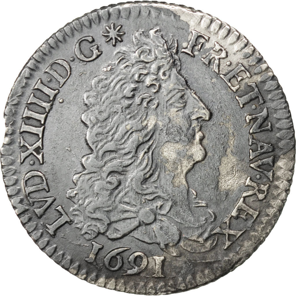 FRANCE, 1/12 Écu aux 8 L, 1/12 ECU, 10 Sols, 1691, Paris, KM #282.1, EF(40-45), 