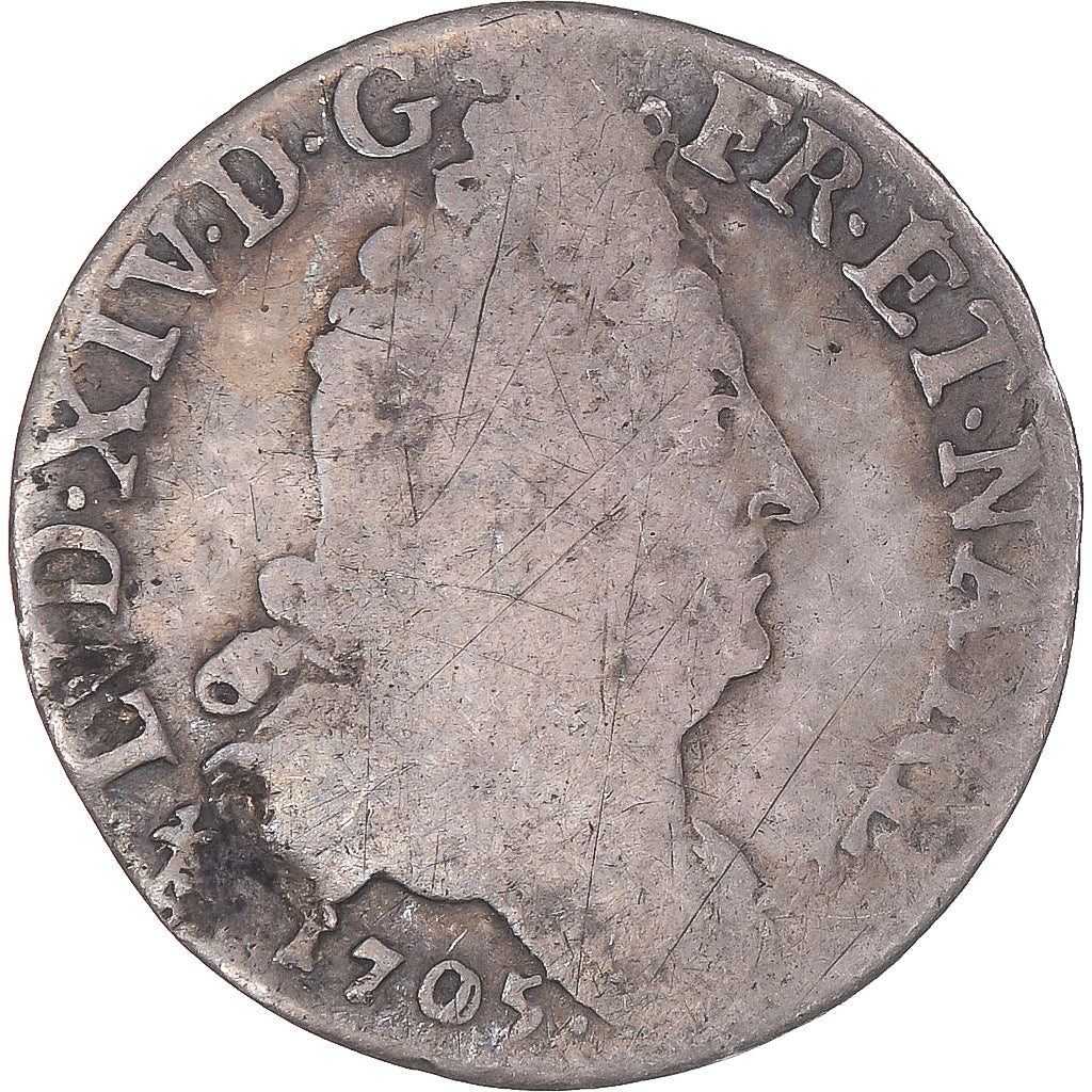 Coin, France, Louis XIV, 11 Sols aux couronnes, 1705, Metz, VF(20-25), Silver