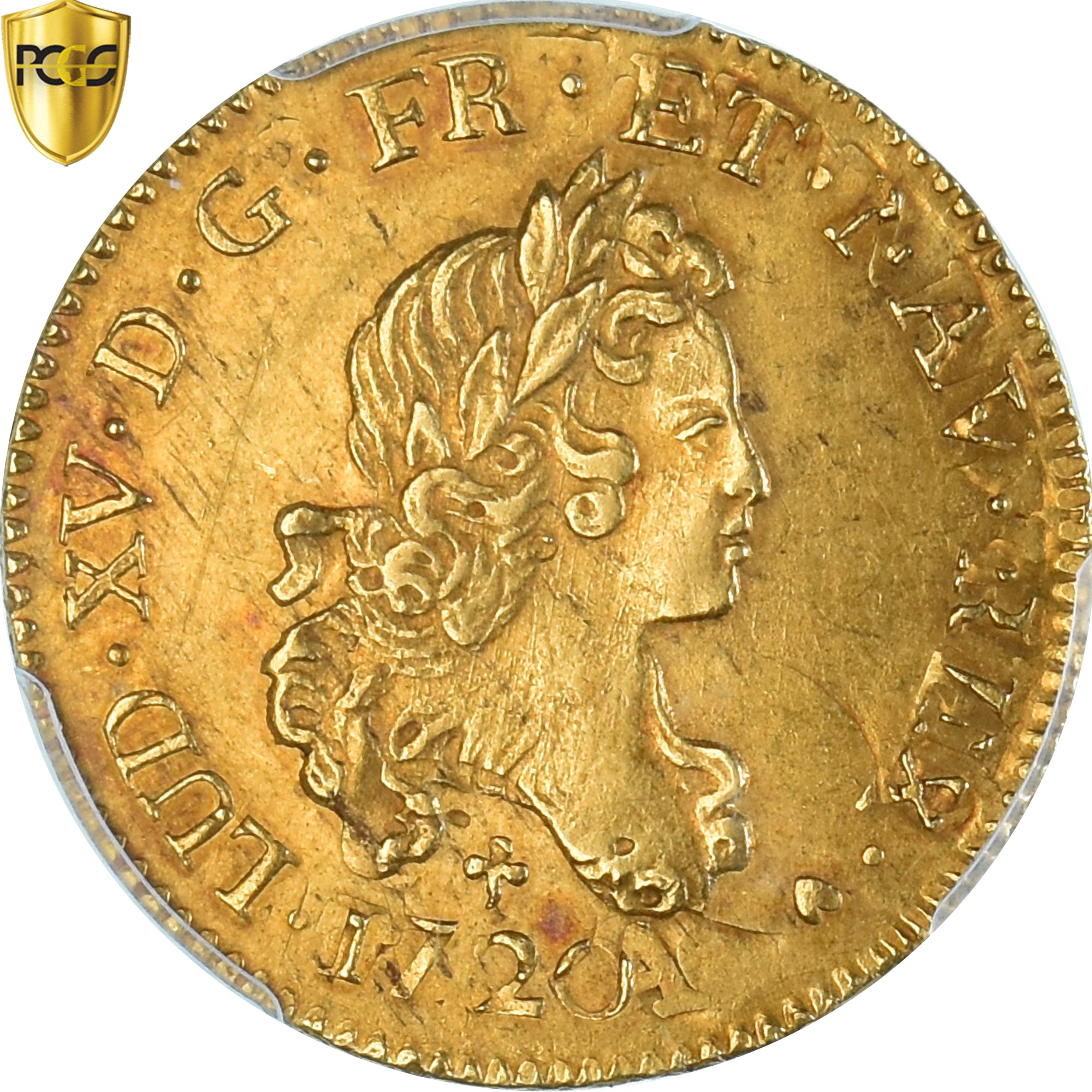Moneta, Francia, Louis XV, louis d'or aux 2 L, 1720, Poitiers, réformé, PCGS