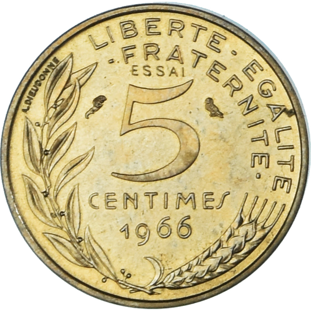 Moeda, França, Marianne, 5 Centimes, 1966, Paris, ENSAIO, MS(63)