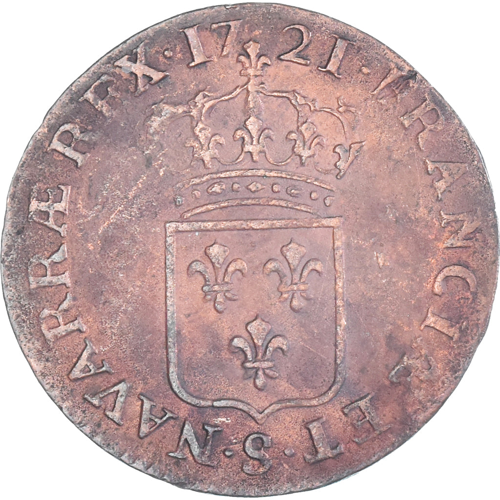 Moeda, França, Louis XV, 1/2 Sol au buste enfantin, 1721, Reims, AU(50-53)