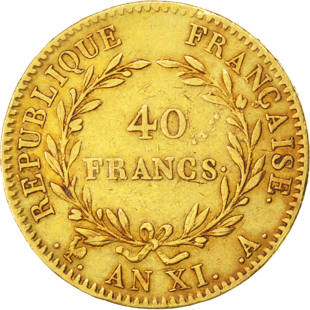 FRANCE, Napoléon I, 40 Francs, 1802, Paris, KM #652, EF(40-45), Gold, Gadoury #.