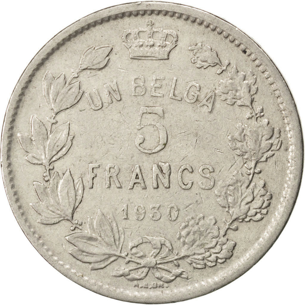 BELGIUM, 5 Francs, 5 Frank, 1930, KM #97.1, EF(40-45), Nickel, 31, 13.98
