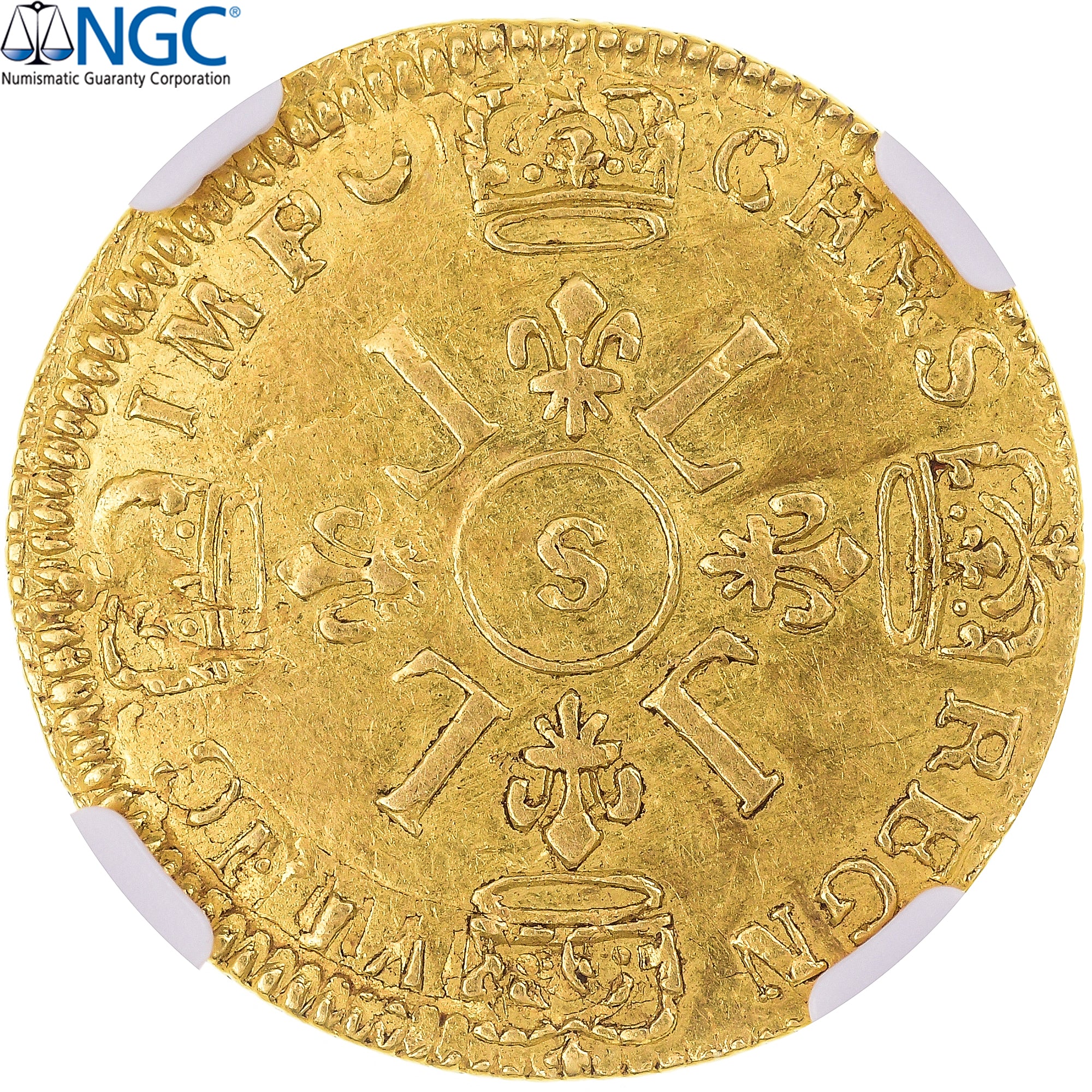 Coin, France, Louis XIV, Louis d'or au 4 L, 1696, Reims, TOP POP, NGC, AU53