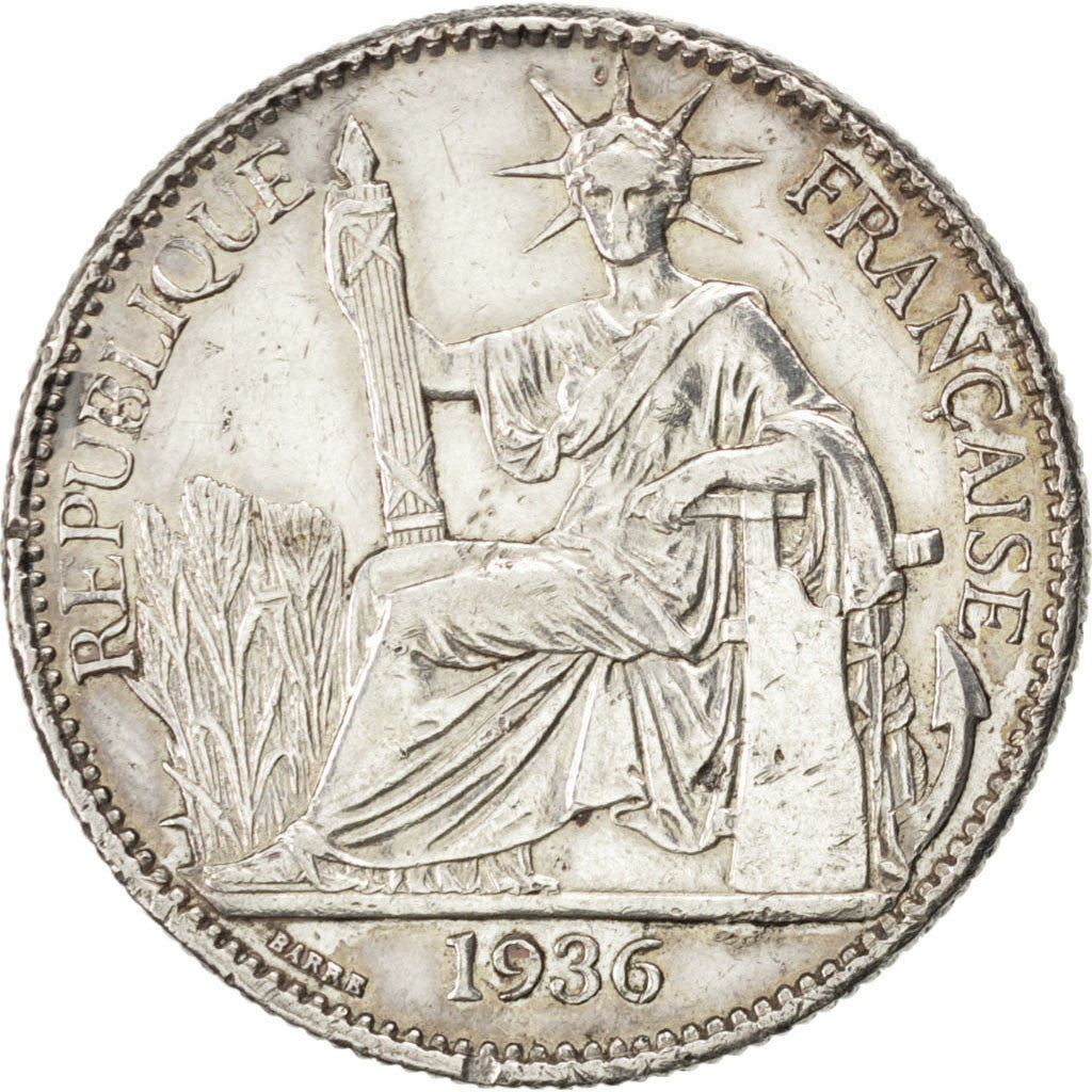 FRENCH INDO-CHINA, 50 Cents, 1936, Paris, KM #4a.2, AU(50-53), Silver, Lecompte.