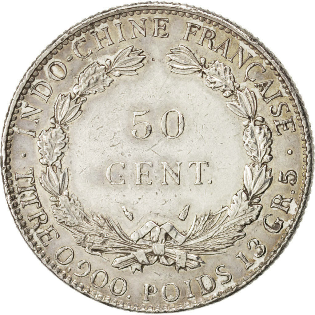 FRENCH INDO-CHINA, 50 Cents, 1936, Paris, KM #4a.2, AU(50-53), Silver, Lecompte.