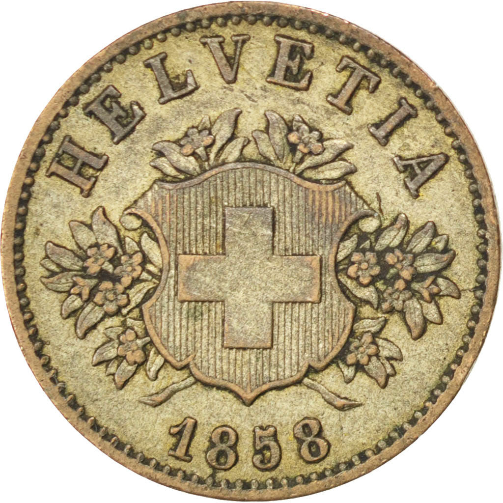SWITZERLAND, 20 Rappen, 1858, Bern, KM #7, AU(50-53), Billon, 3.10