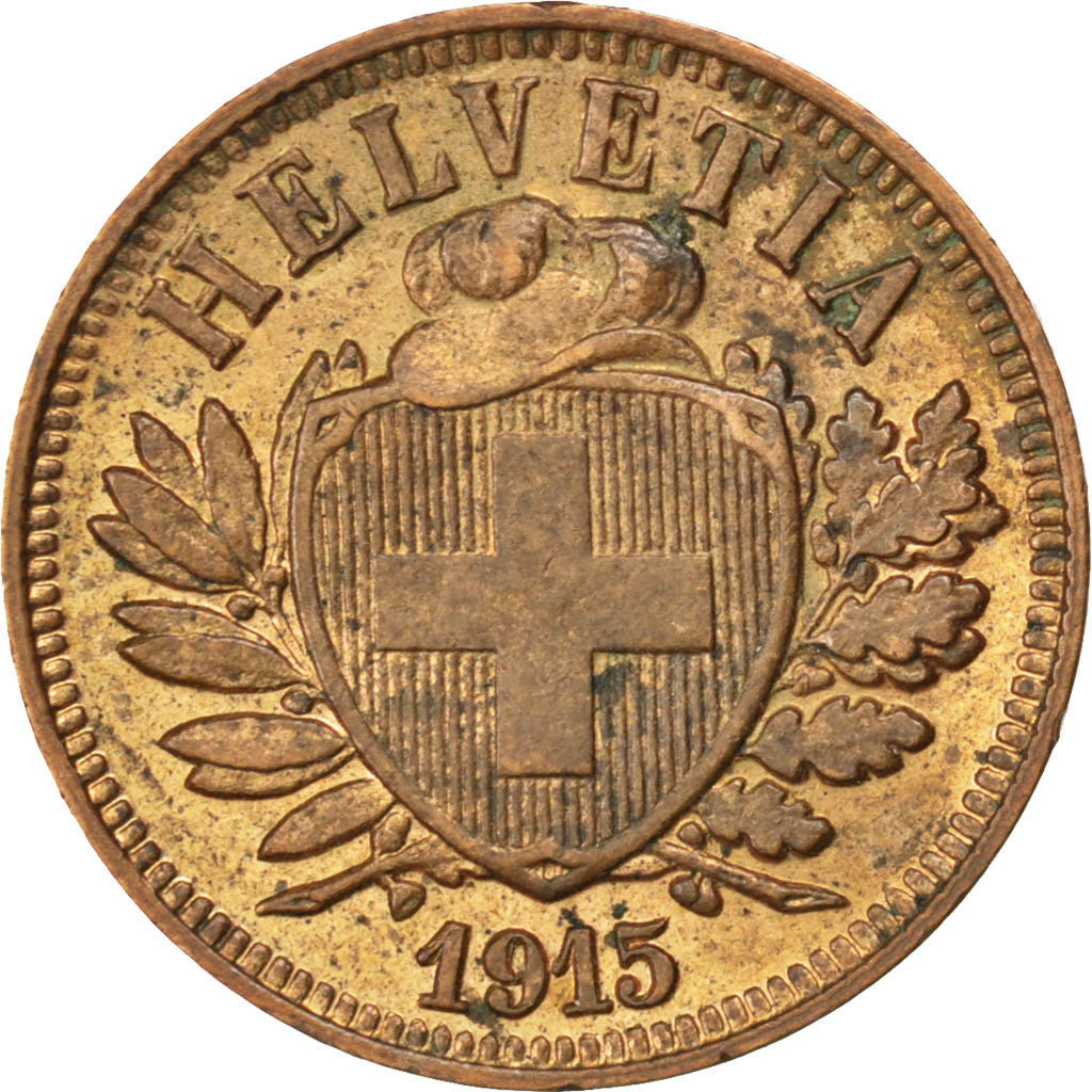 SWITZERLAND, 2 Rappen, 1915, Bern, KM #4.2, AU(55-58), Bronze, 20, 2.50