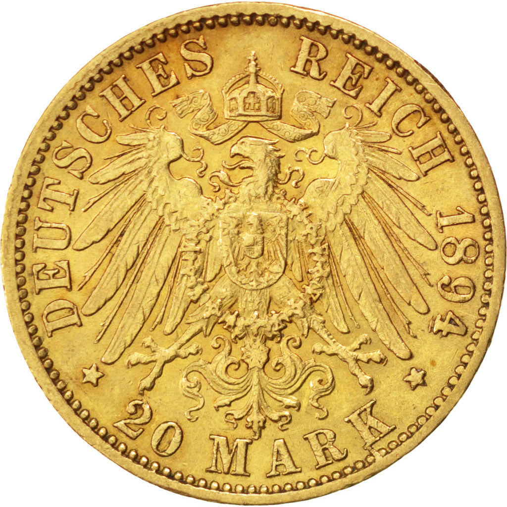 German States, 20 Mark, 1894, Stuttgart, KM #270, AU(50-53), Gold, 7.95