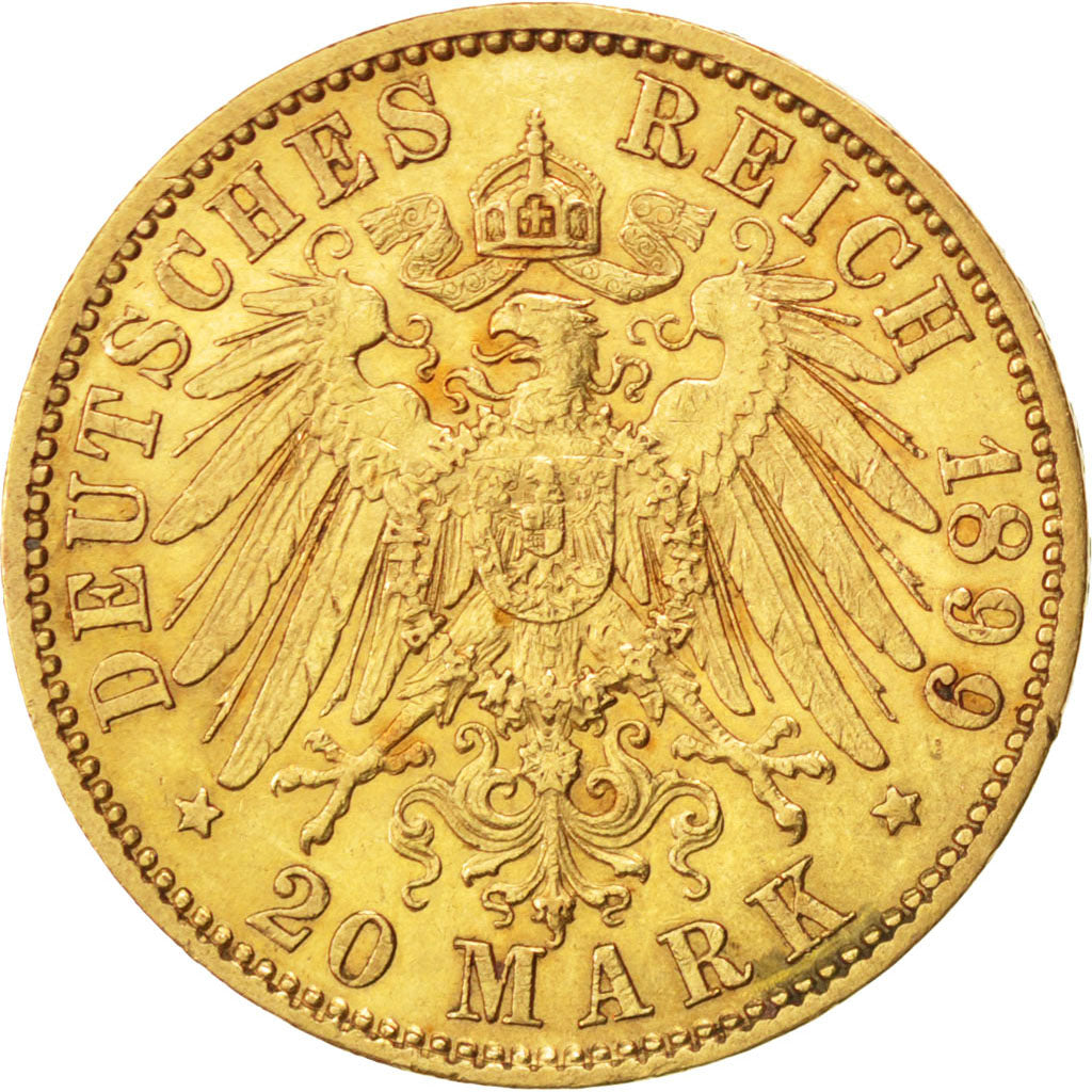 German States, 20 Mark, 1899, Berlin, KM #521, AU(50-53), Gold, 7.98