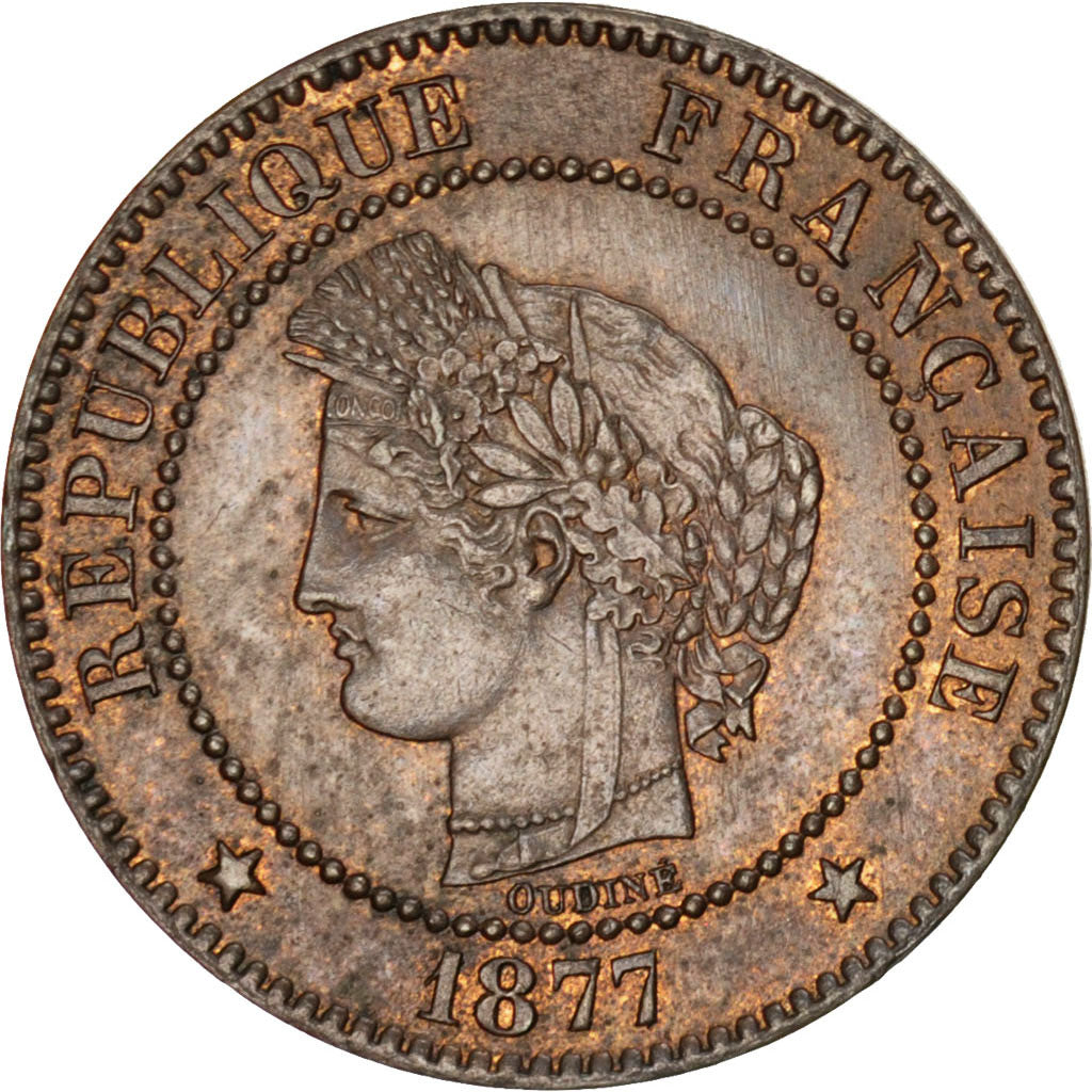 FRANCE, Cérès, 2 Centimes, 1877, Paris, KM #827.1, AU(55-58), Bronze, 20.2, G...