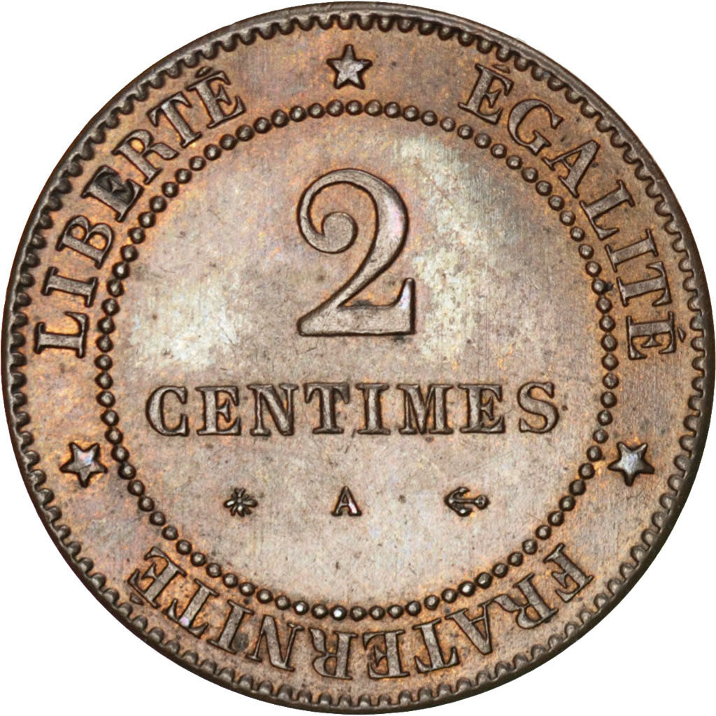 FRANCE, Cérès, 2 Centimes, 1877, Paris, KM #827.1, AU(55-58), Bronze, 20.2, G...