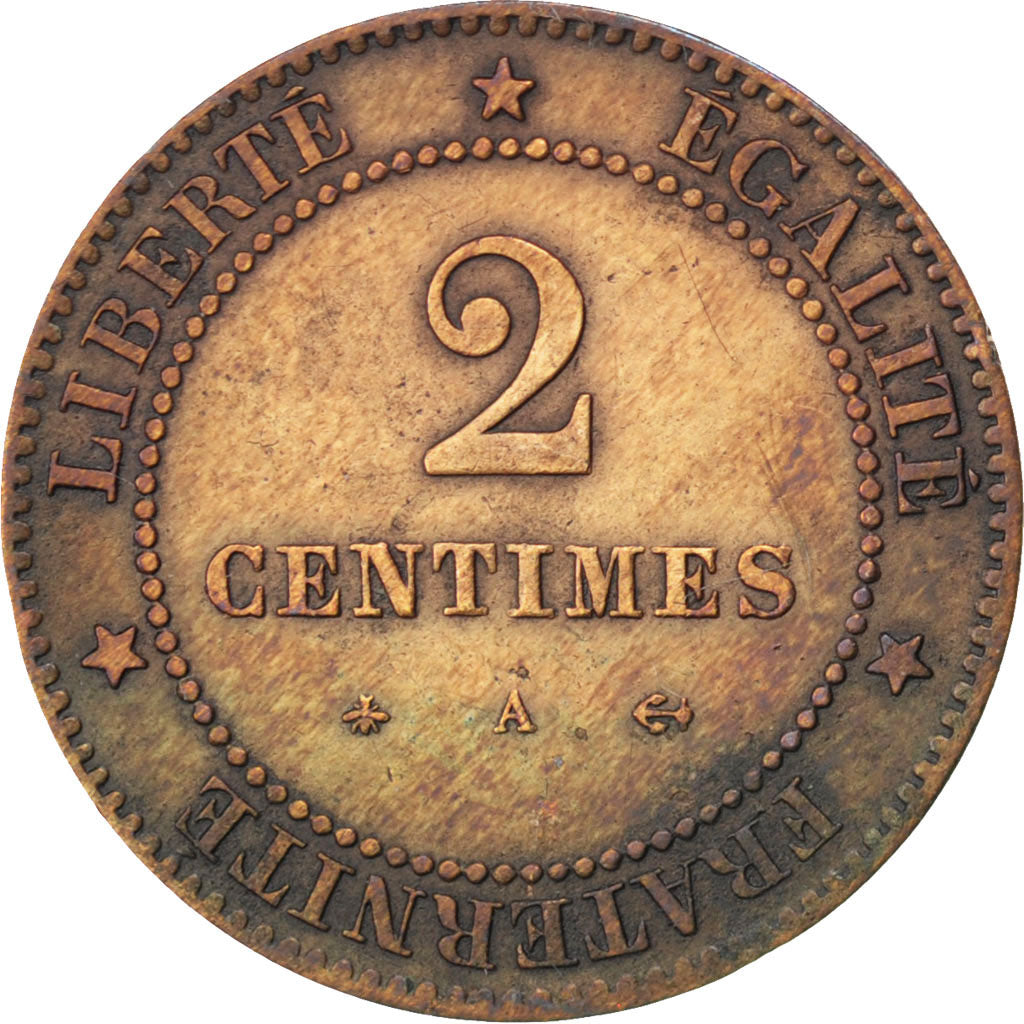 FRANCE, Cérès, 2 Centimes, 1879, Paris, KM #827.1, EF(40-45), Bronze, 20.2, G...