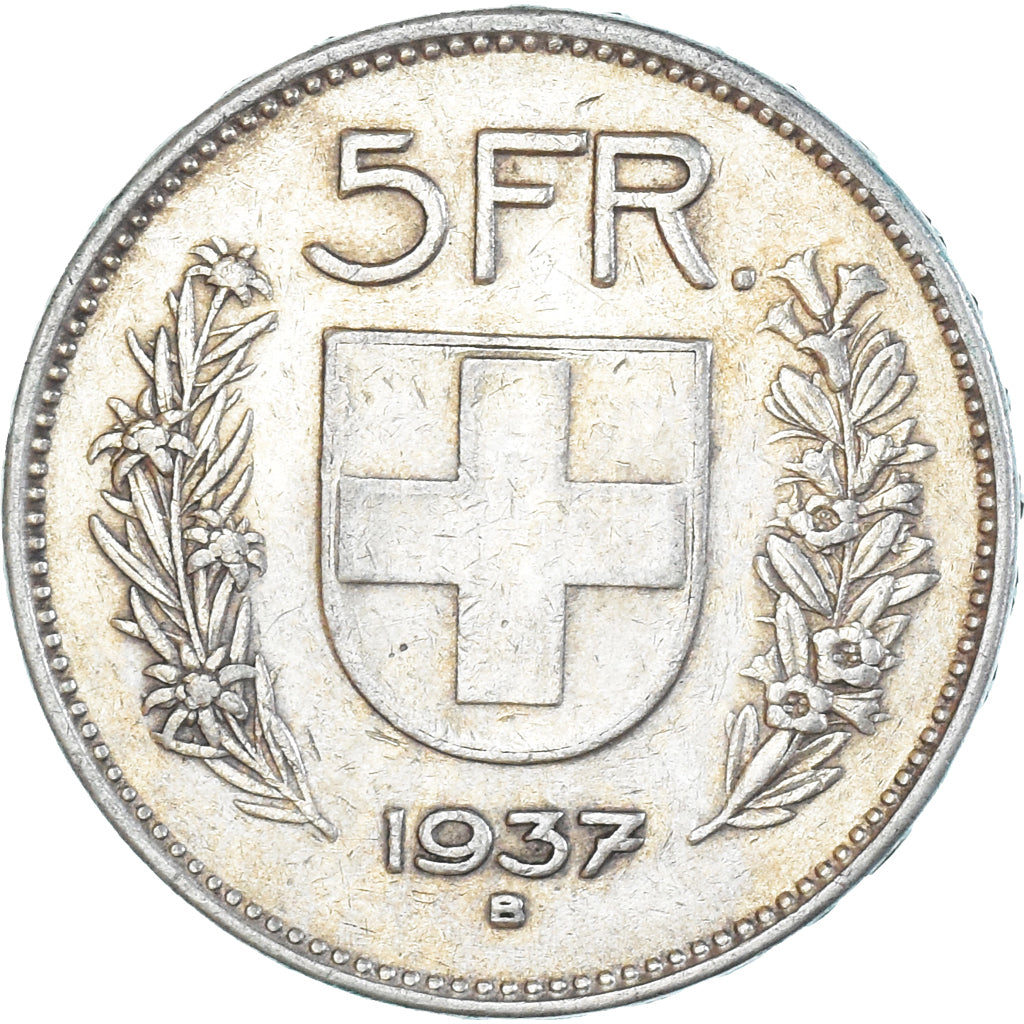 Coin, Switzerland, 5 Francs, 1937, Bern, EF(40-45), Silver, KM:40