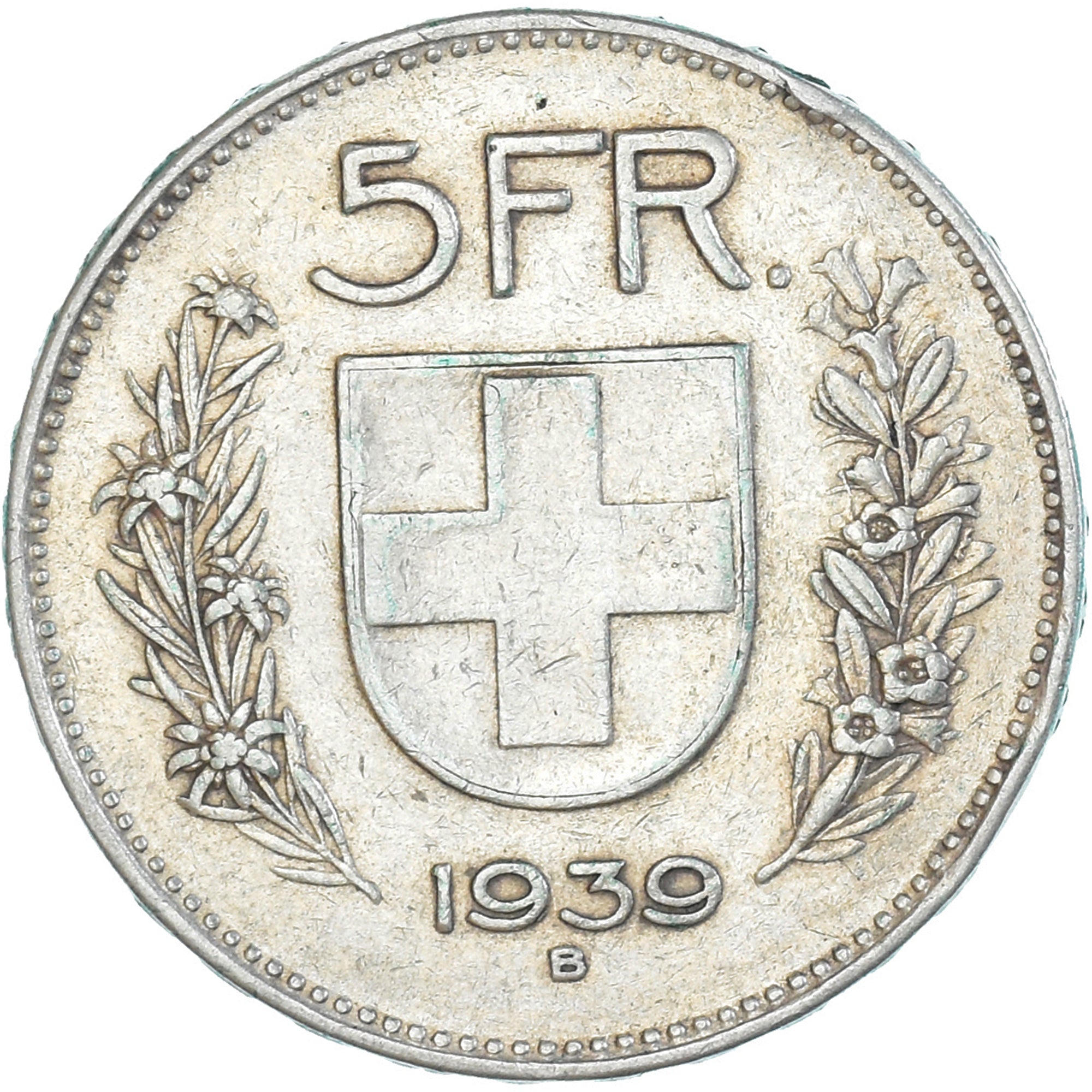 Coin, Switzerland, 5 Francs, 1939, Bern, EF(40-45), Silver, KM:40