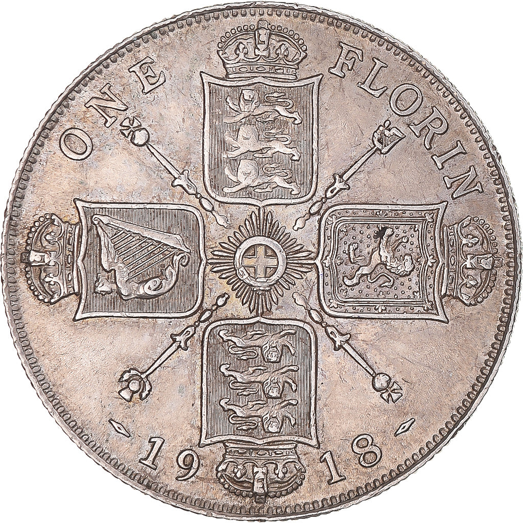 Moneta, Gran Bretagna, George V, Florin, Two Shillings, 1918, BB+, Argento