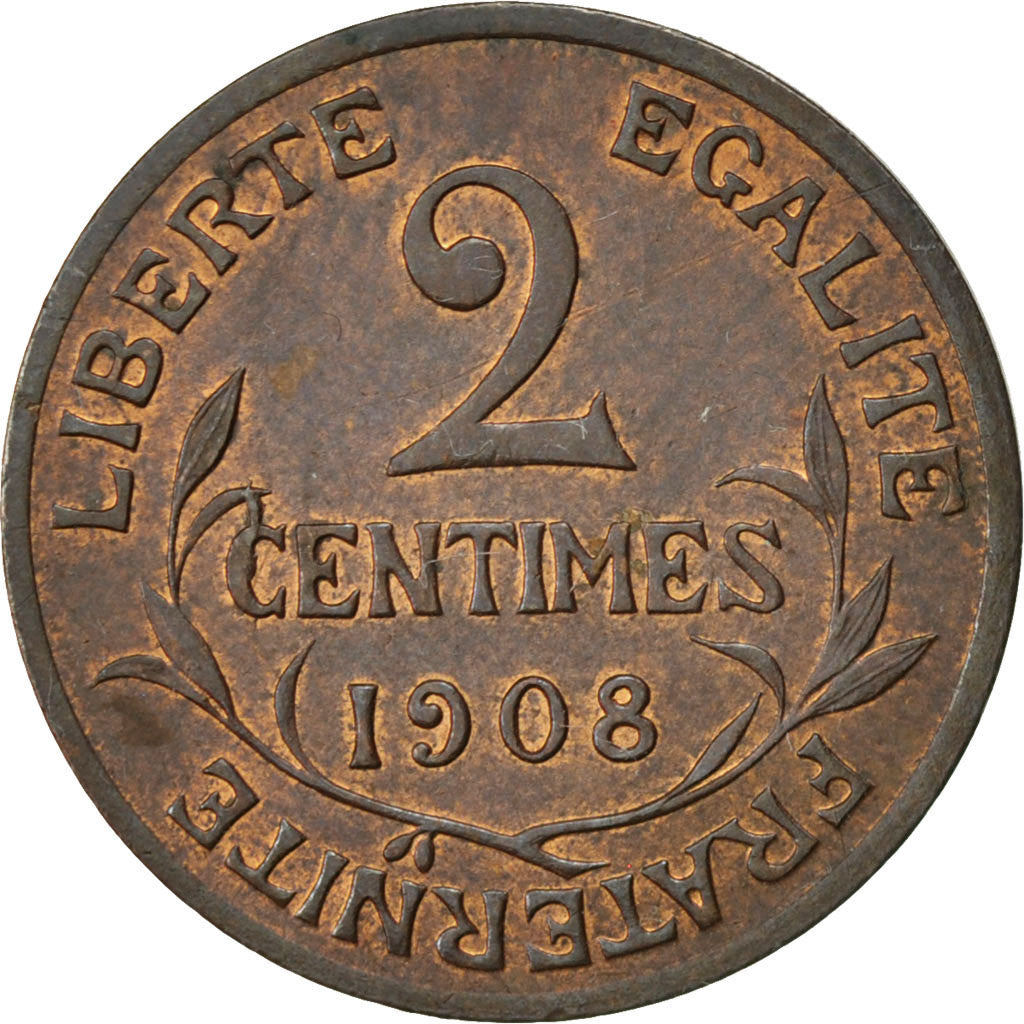 FRANCE, Dupuis, 2 Centimes, 1908, Paris, KM #841, AU(55-58), Bronze, 20.2,...