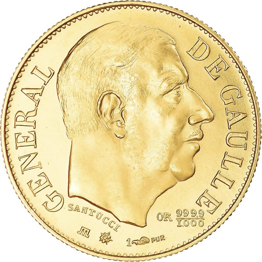 France, Médaille, Général De Gaulle, 1980, Module de 20 francs, FDC, Or