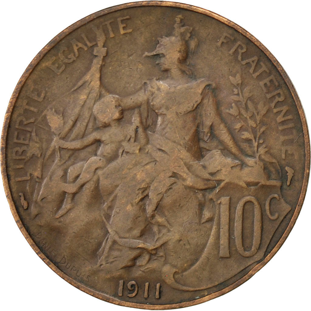 FRANCE, Dupuis, 10 Centimes, 1911, Paris, KM #843, EF(40-45), Bronze, 30,...