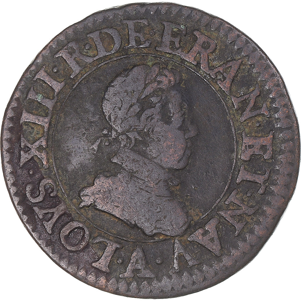 Moneda, Francia, Louis XIII, Double Tournois, 1612, Paris, BC+, Cobre, KM:43.1