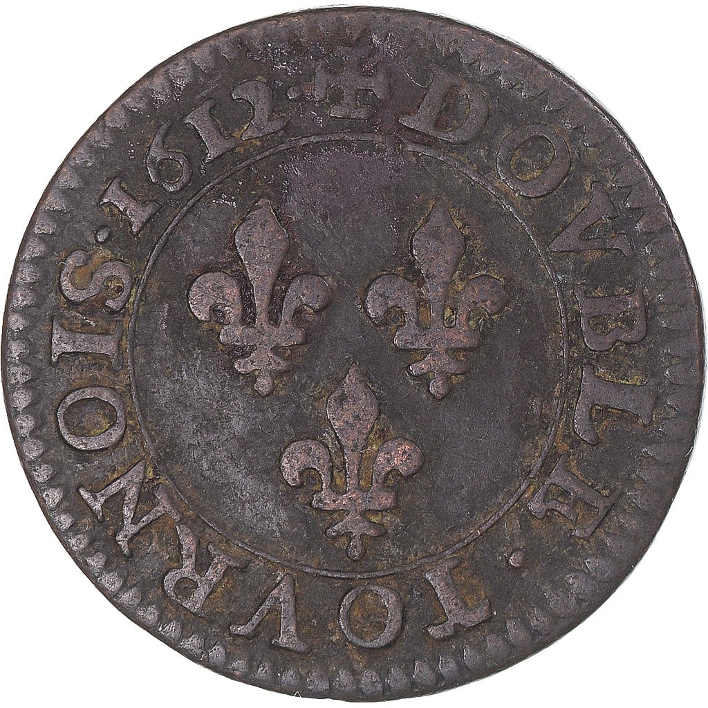 Moneda, Francia, Louis XIII, Double Tournois, 1612, Paris, BC+, Cobre, KM:43.1