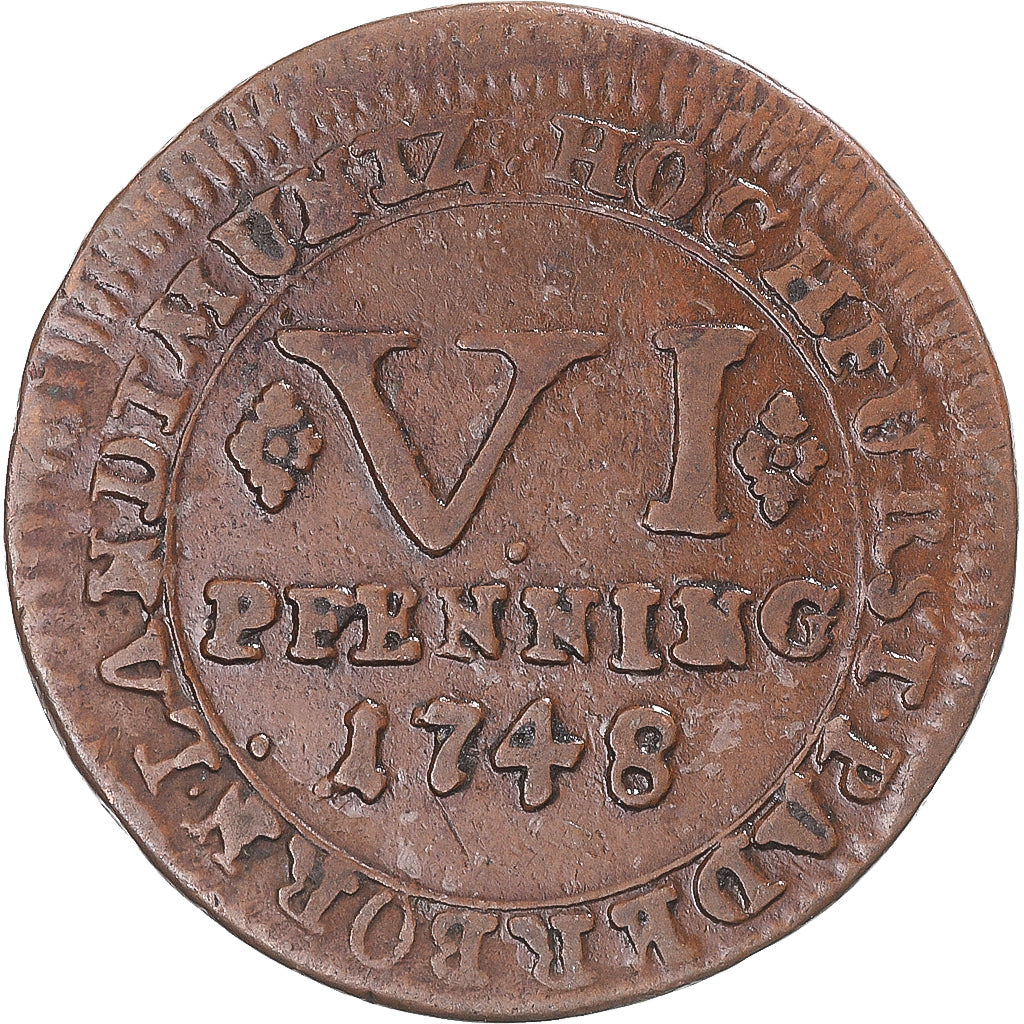 Monnaie, Etats allemands, PADERBORN, Clemens August, 6 Pfenning, 1748, M, TTB