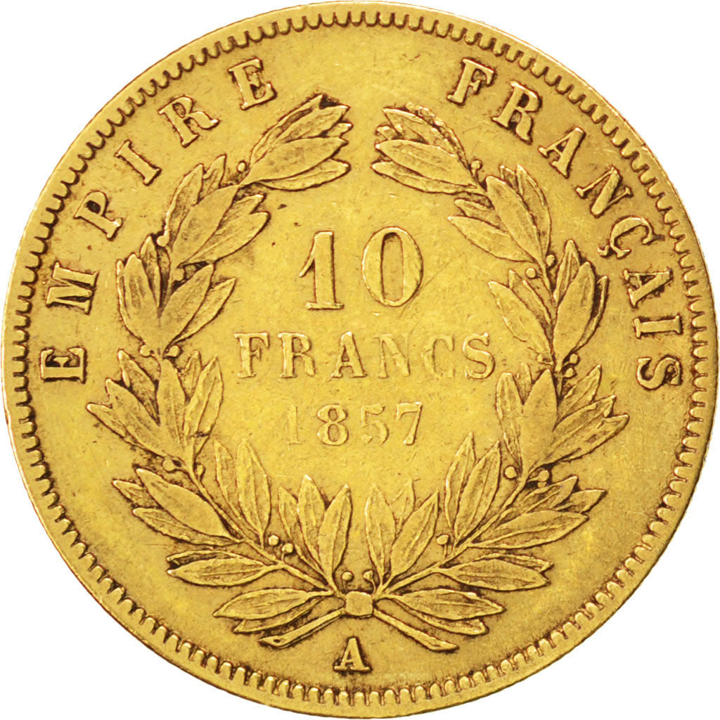FRANCE, Napoléon III, 10 Francs, 1857, Paris, KM #784.3, VF(20-25), Gold, Gadour