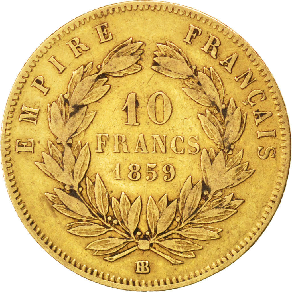 FRANCE, Napoléon III, 10 Francs, 1859, Strasbourg, KM #784.4, VF(20-25), Gold, G
